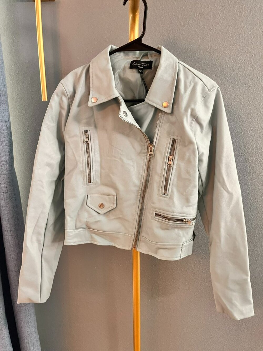Love Tree Light Powder Blue Faux Leather Moto Jacket M Biker Pastel Cropped Coat